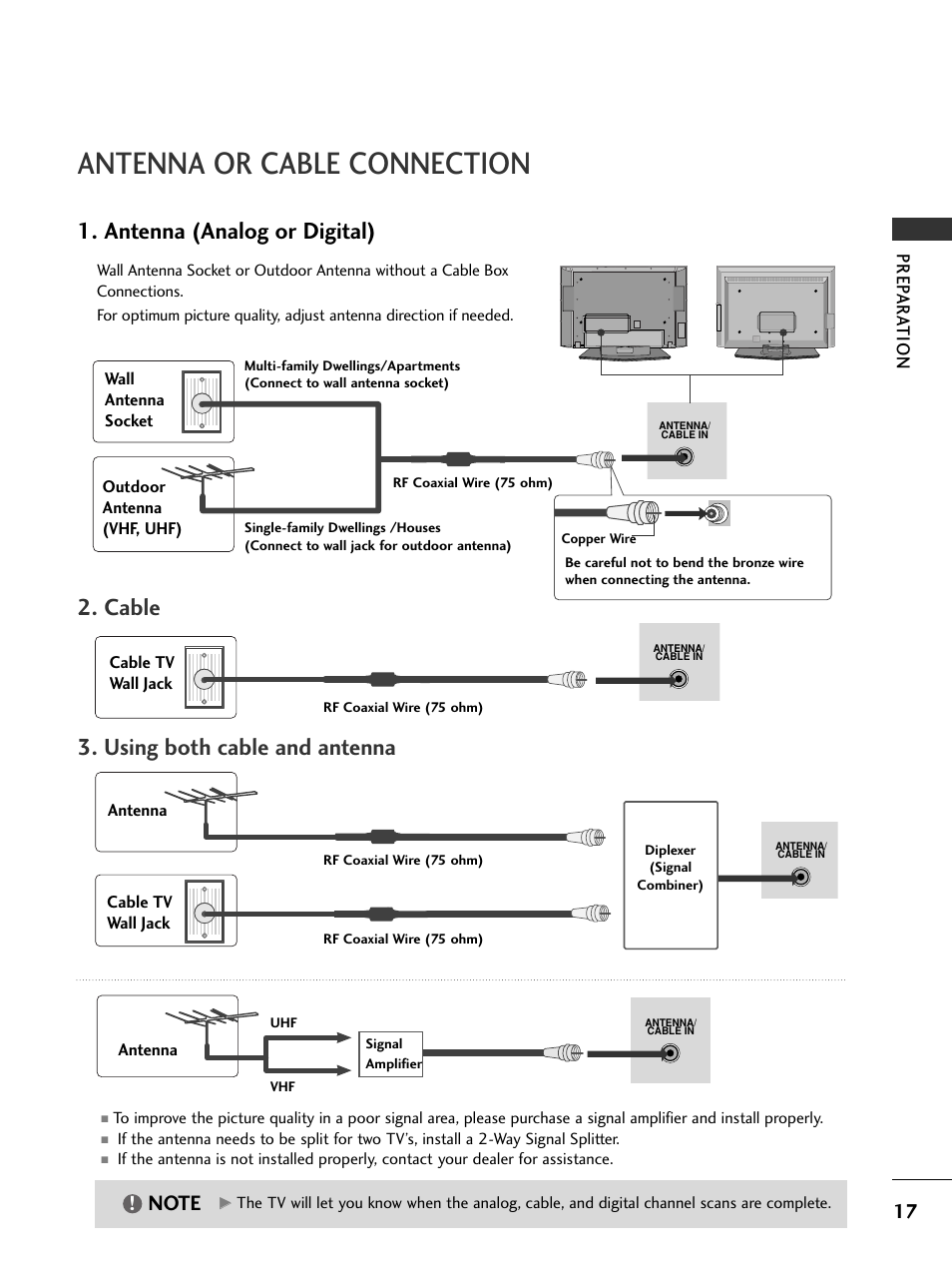 Antenna or cable connection, Antenna (analog or digital), Cable | Using both cable and antenna, Prep ar a t ion | LG 32LC7DC User Manual | Page 19 / 94