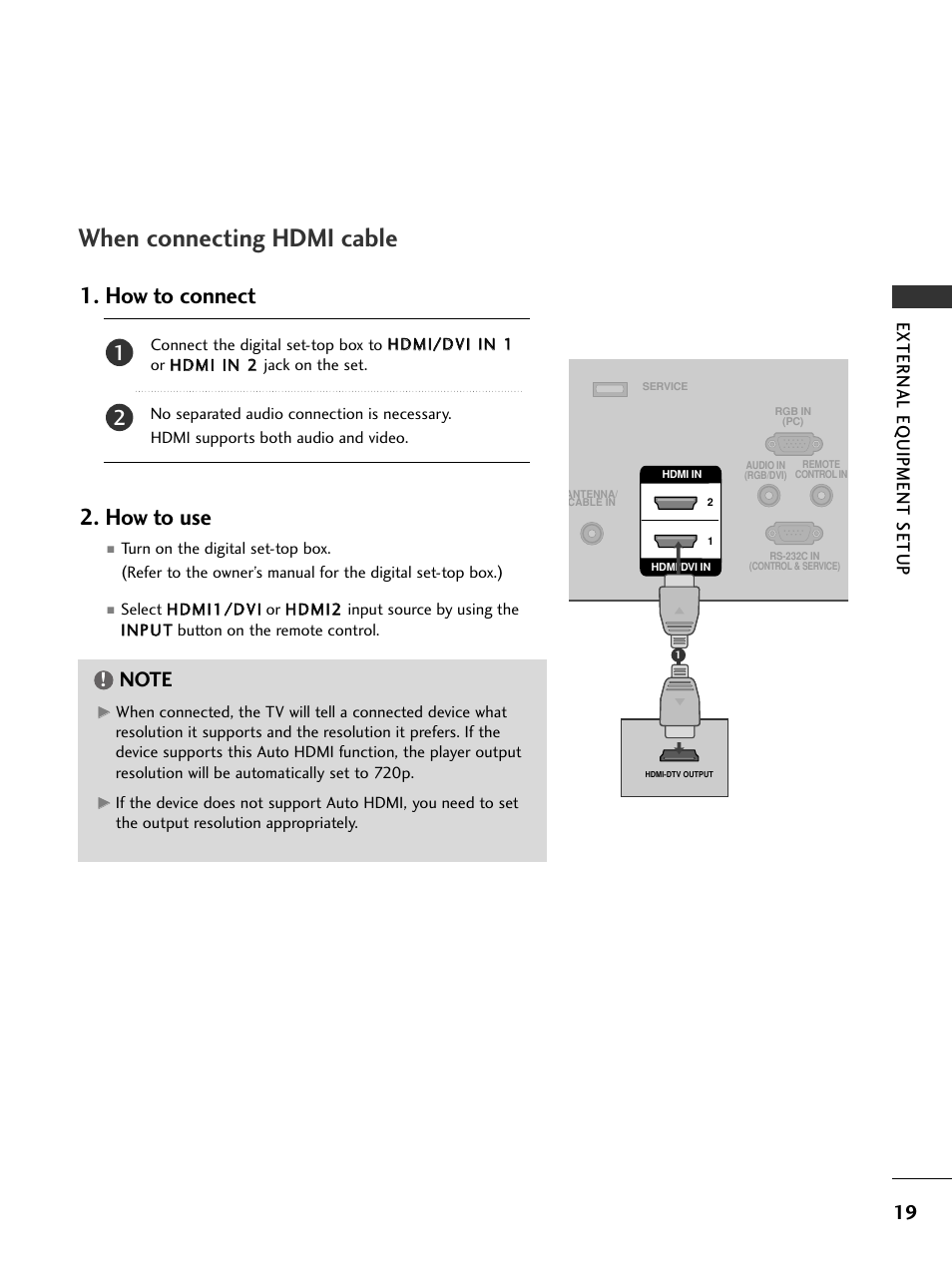 When connecting hdmi cable, How to connect 2. how to use, External eq uipment setup | LG 32LC7DC User Manual | Page 21 / 94