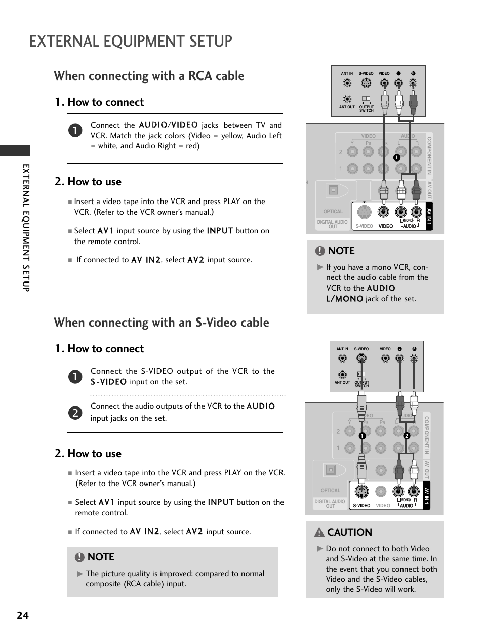 When connecting with a rca cable, When connecting with an s-video cable, External equipment setup | How to connect 2. how to use, Caution, External eq uipment setup | LG 32LC7DC User Manual | Page 26 / 94