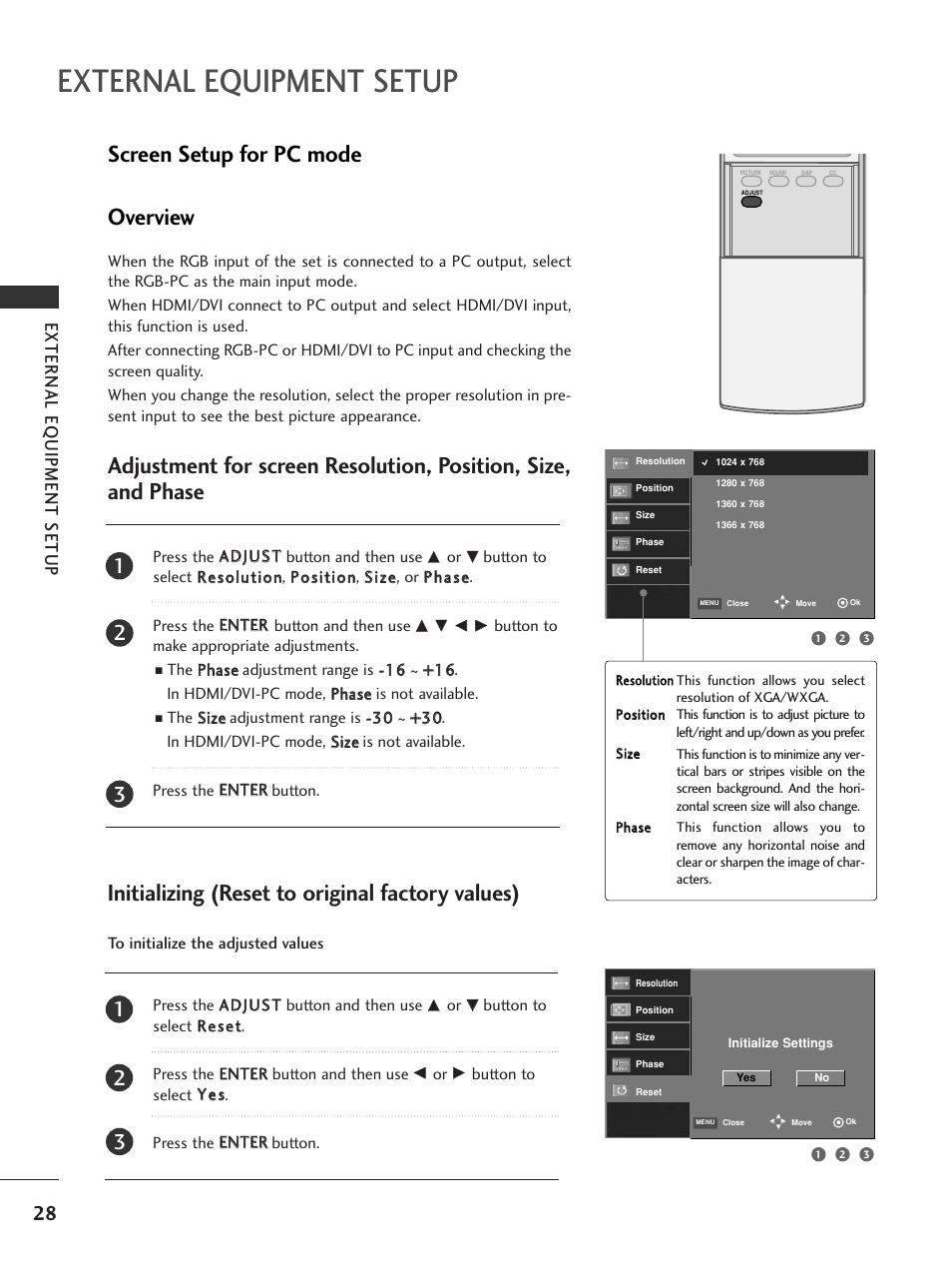 Screen setup for pc mode, External equipment setup, Screen setup for pc mode overview | Initializing (reset to original factory values), External eq uipment setup | LG 32LC7DC User Manual | Page 30 / 94