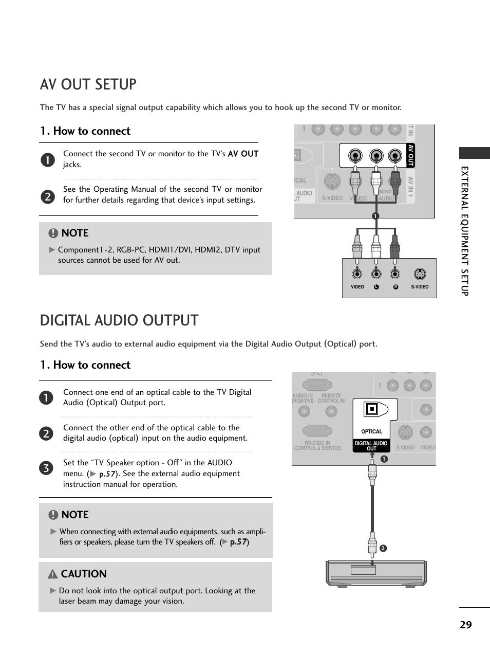 Av out setup, Digital audio output, How to connect | Caution, External eq uipment setup | LG 32LC7DC User Manual | Page 31 / 94