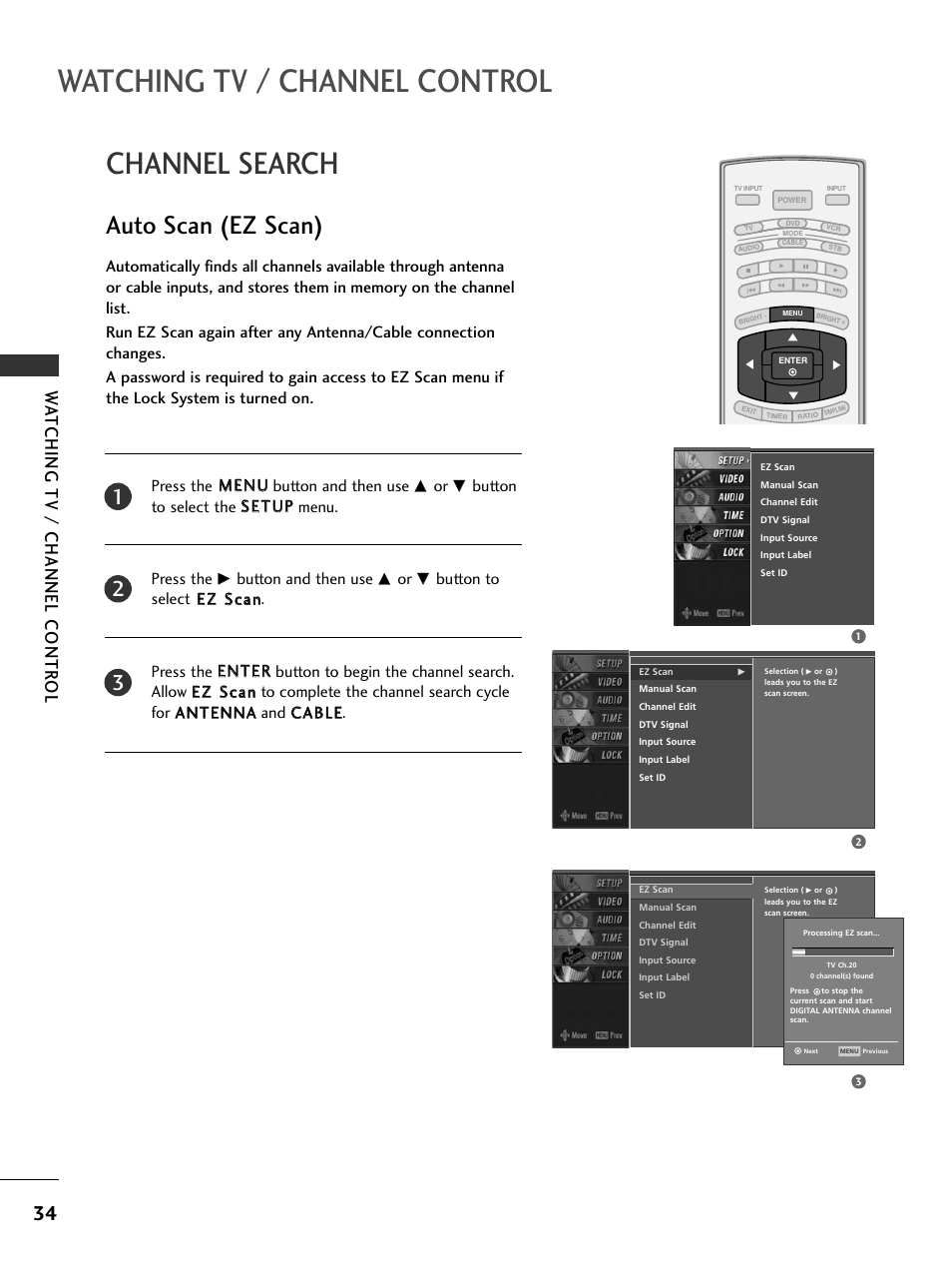 Channel search, Auto scan (ez scan), Watching tv / channel control | Wa tching tv / channel contr ol | LG 32LC7DC User Manual | Page 36 / 94