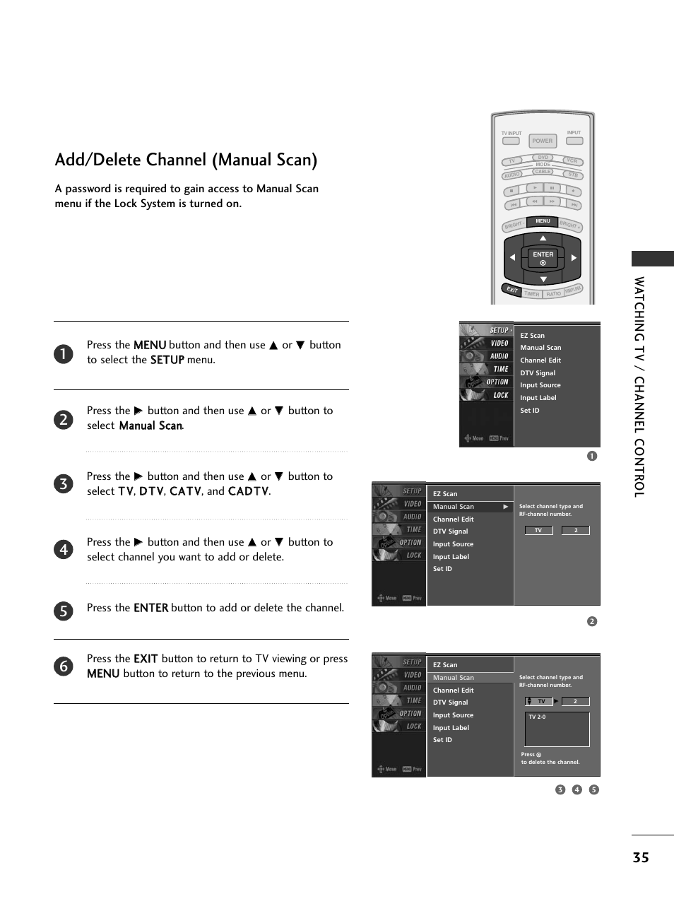 Add/delete channel (manual scan), Wa tching tv / channel contr ol | LG 32LC7DC User Manual | Page 37 / 94