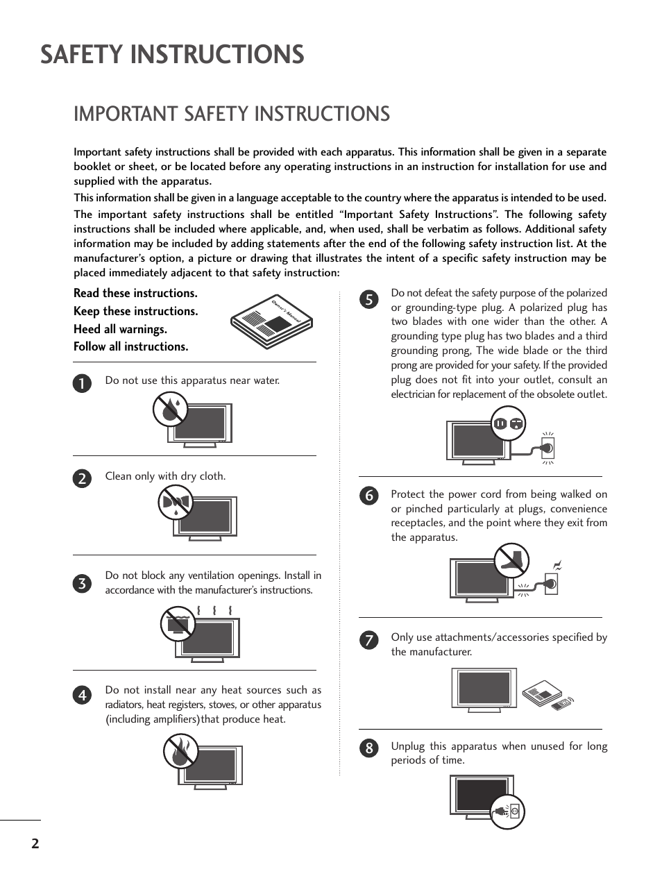 Safety instructions, Important safety instructions | LG 32LC7DC User Manual | Page 4 / 94