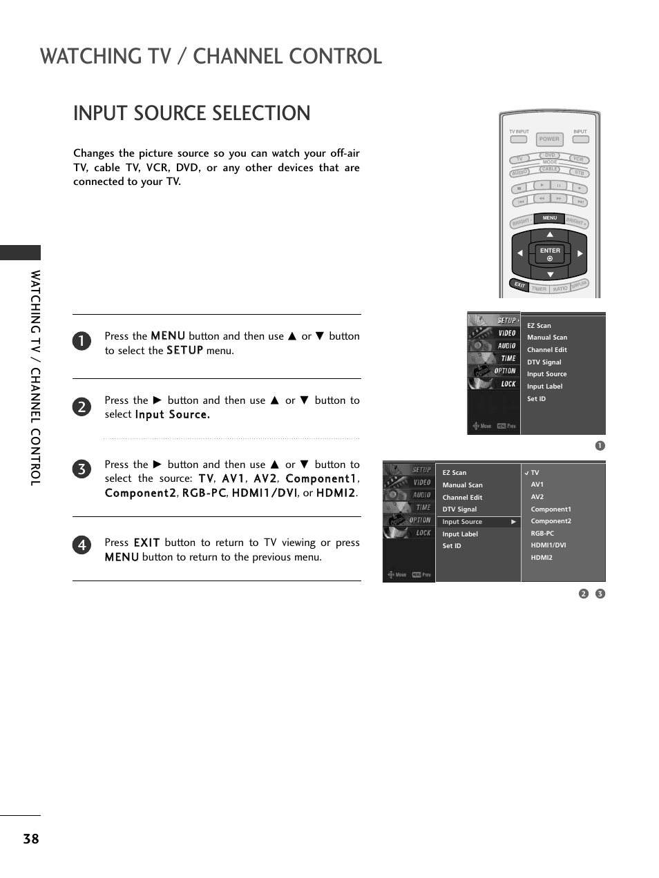 Input source selection, Watching tv / channel control, Wa tching tv / channel contr ol | LG 32LC7DC User Manual | Page 40 / 94