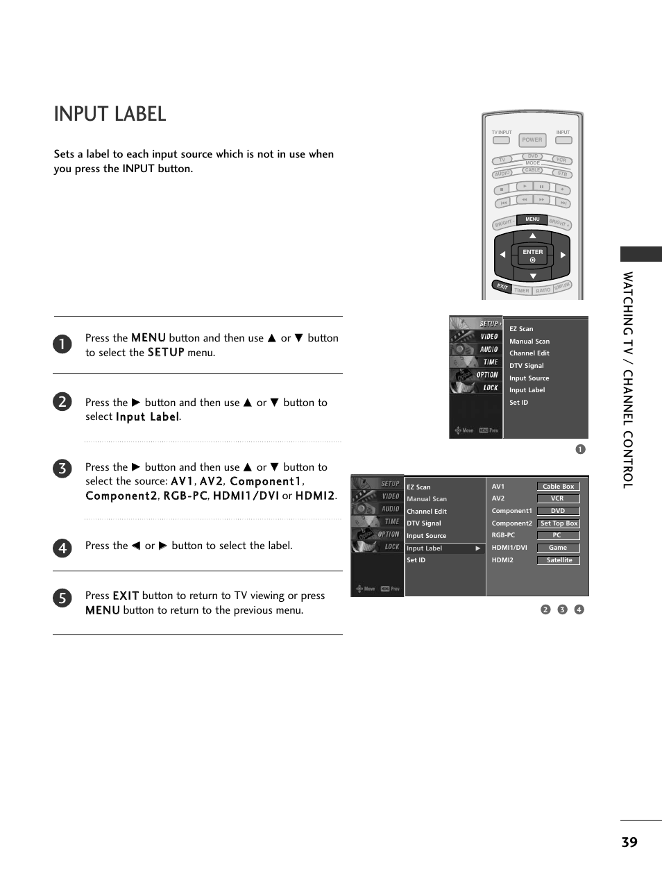 Input label, Wa tching tv / channel contr ol | LG 32LC7DC User Manual | Page 41 / 94