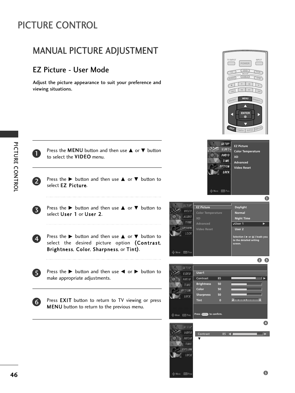 Manual picture adjustment, Ez picture - user mode, Picture control | Picture contr ol | LG 32LC7DC User Manual | Page 48 / 94