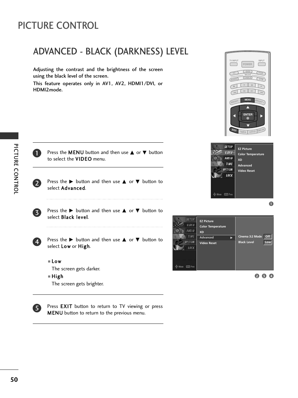 Advanced - black (darkness) level, Picture control, Picture contr ol | LG 32LC7DC User Manual | Page 52 / 94