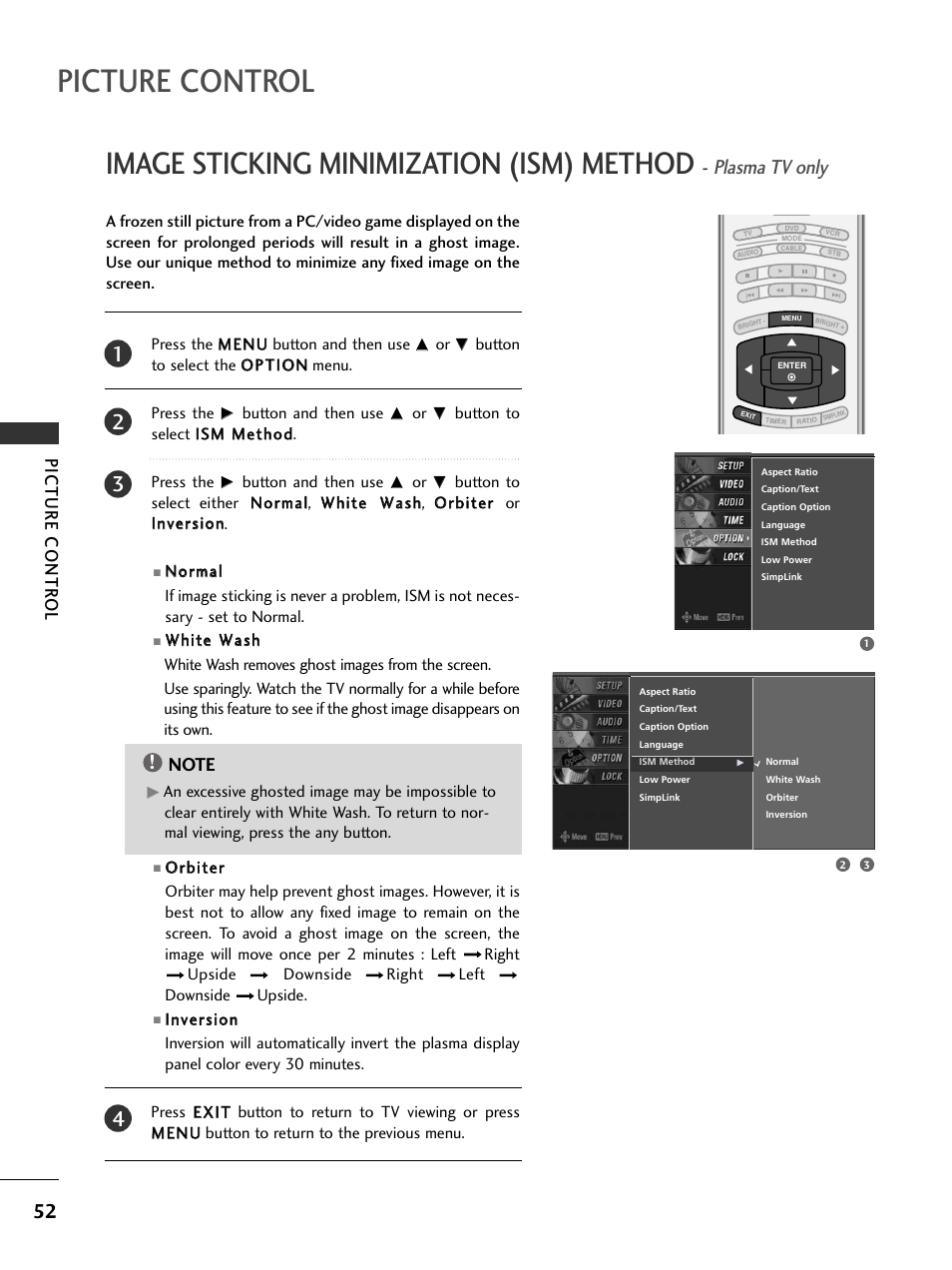 Picture control, Image sticking minimization (ism) method, Plasma tv only | Picture contr ol | LG 32LC7DC User Manual | Page 54 / 94