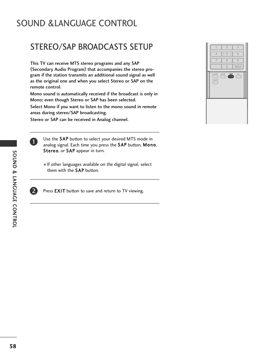 Stereo/sap broadcasts setup, Sound &language control, Sound & langu a ge contr ol | LG 32LC7DC User Manual | Page 60 / 94