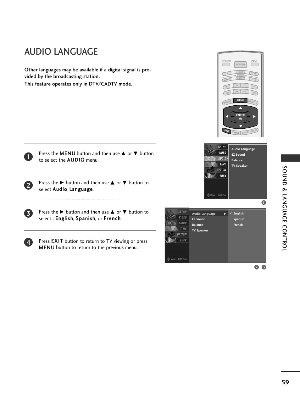Audio language, Sound & langu a ge contr ol | LG 32LC7DC User Manual | Page 61 / 94