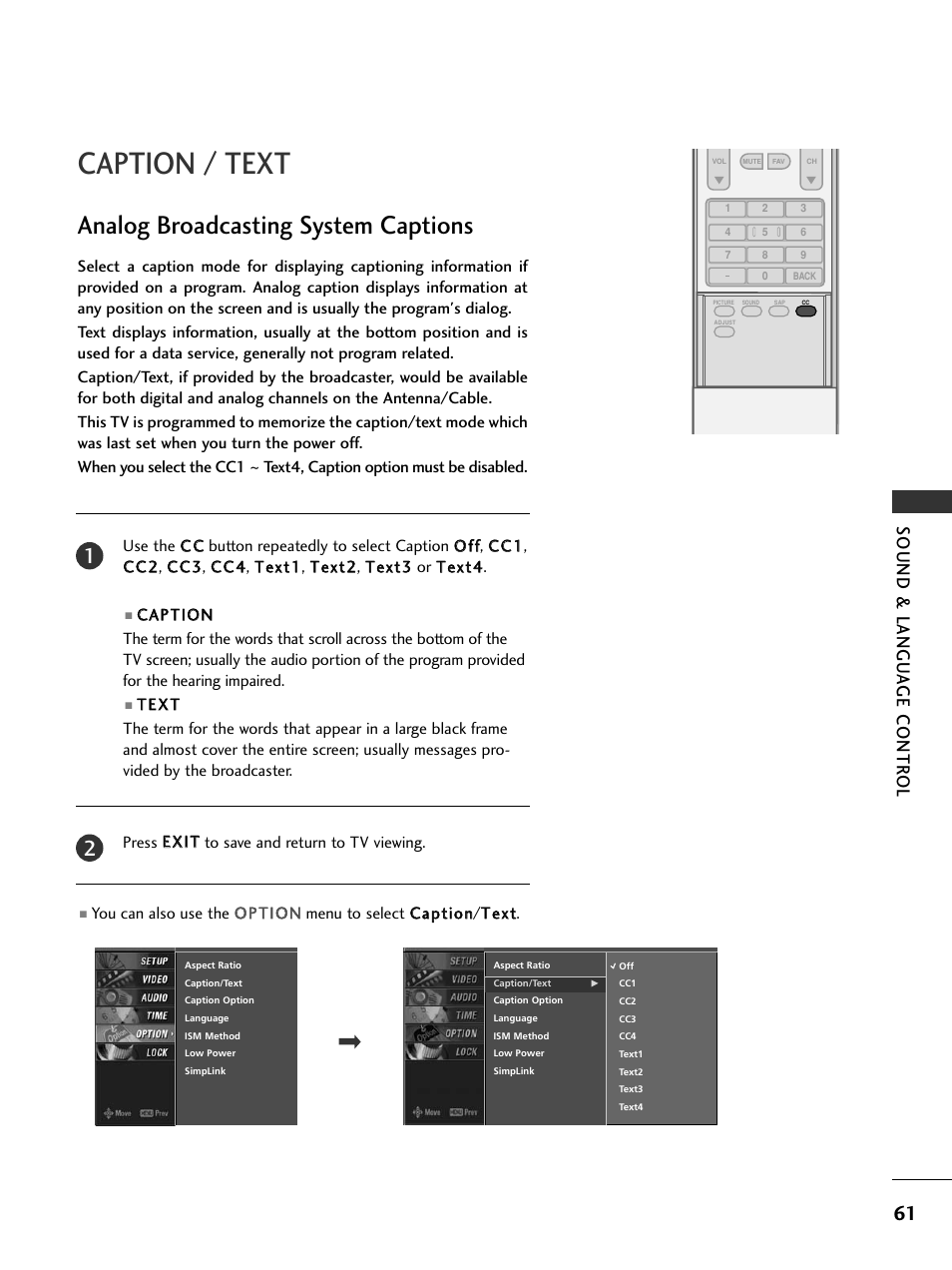 Caption / text, Analog broadcasting system captions, Sound & langu a ge contr ol | LG 32LC7DC User Manual | Page 63 / 94