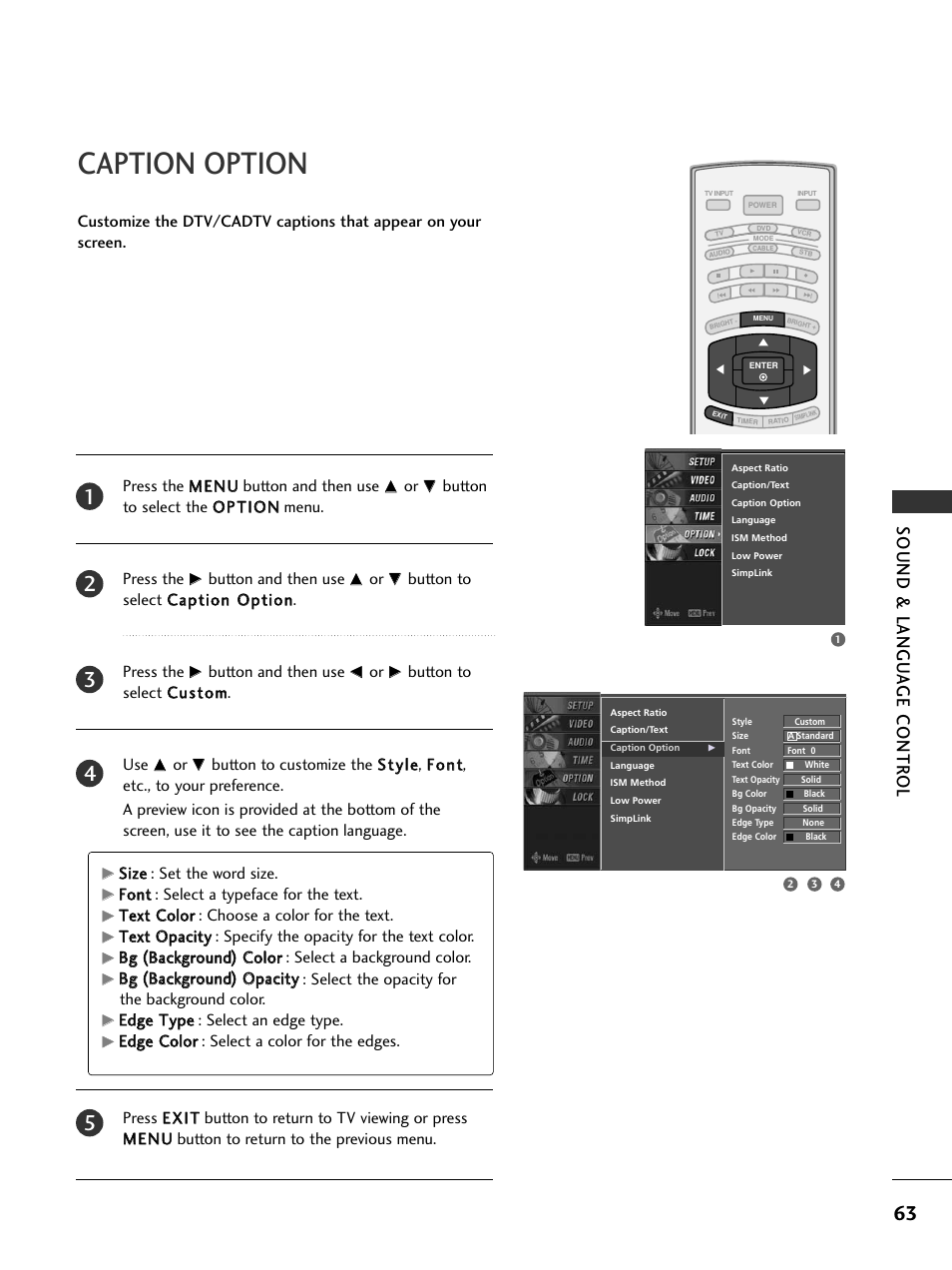 Caption option, Sound & langu a ge contr ol | LG 32LC7DC User Manual | Page 65 / 94