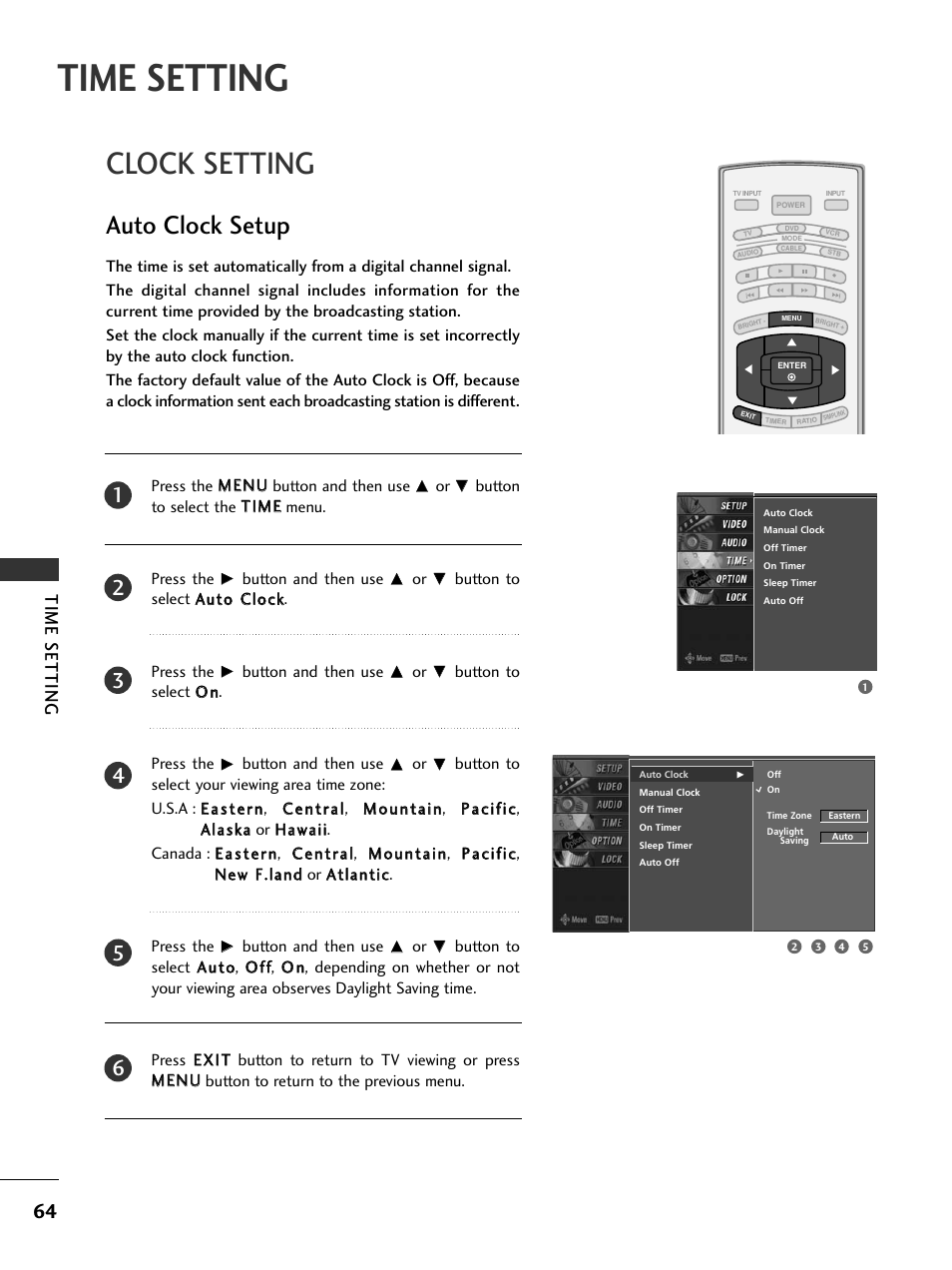 Time setting, Clock setting, Auto clock setup | LG 32LC7DC User Manual | Page 66 / 94