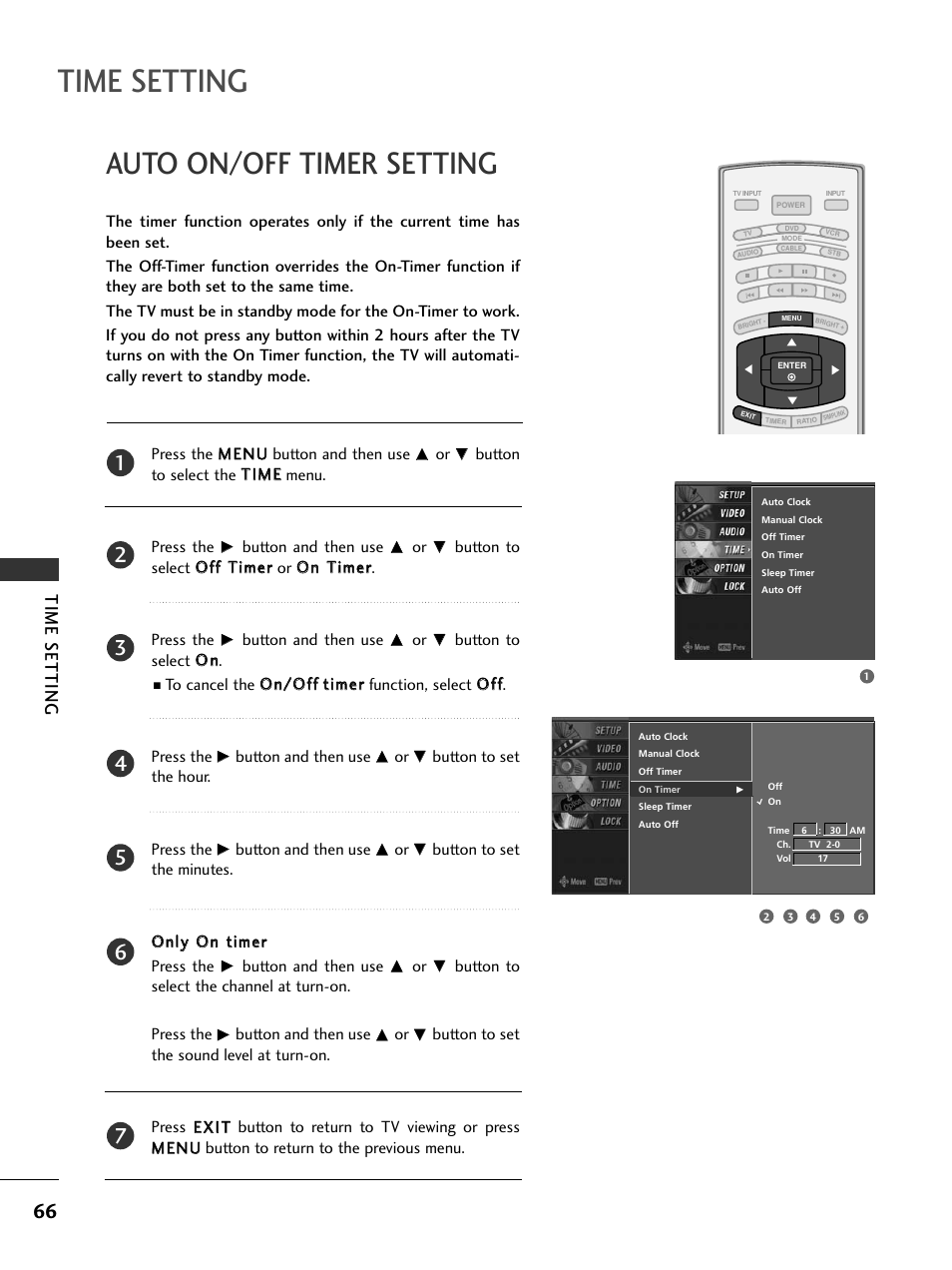 Auto on/off timer setting, Time setting | LG 32LC7DC User Manual | Page 68 / 94