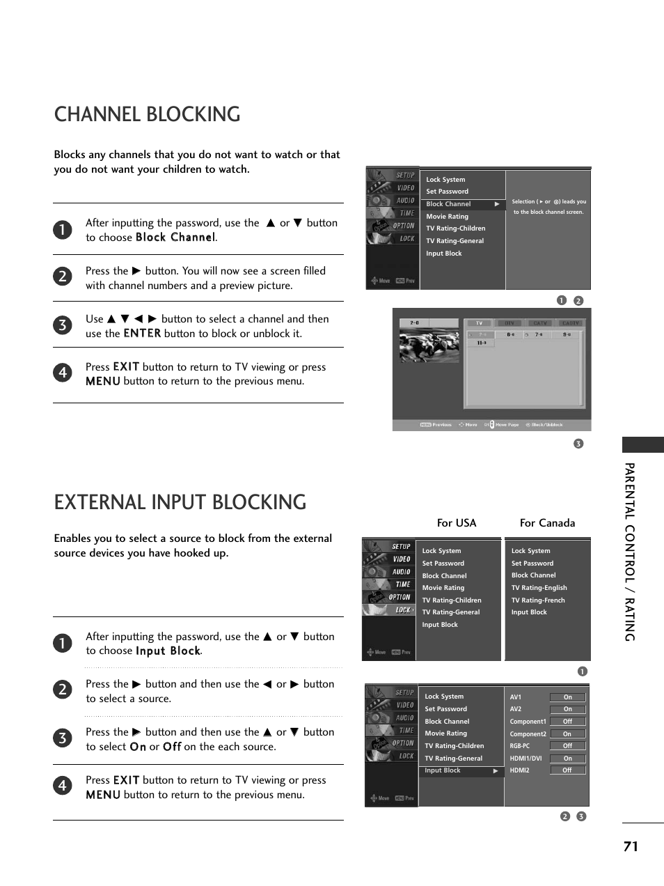 Channel blocking, External input blocking, Channel blocking external input blocking | Parent al contr ol / r a ting | LG 32LC7DC User Manual | Page 73 / 94