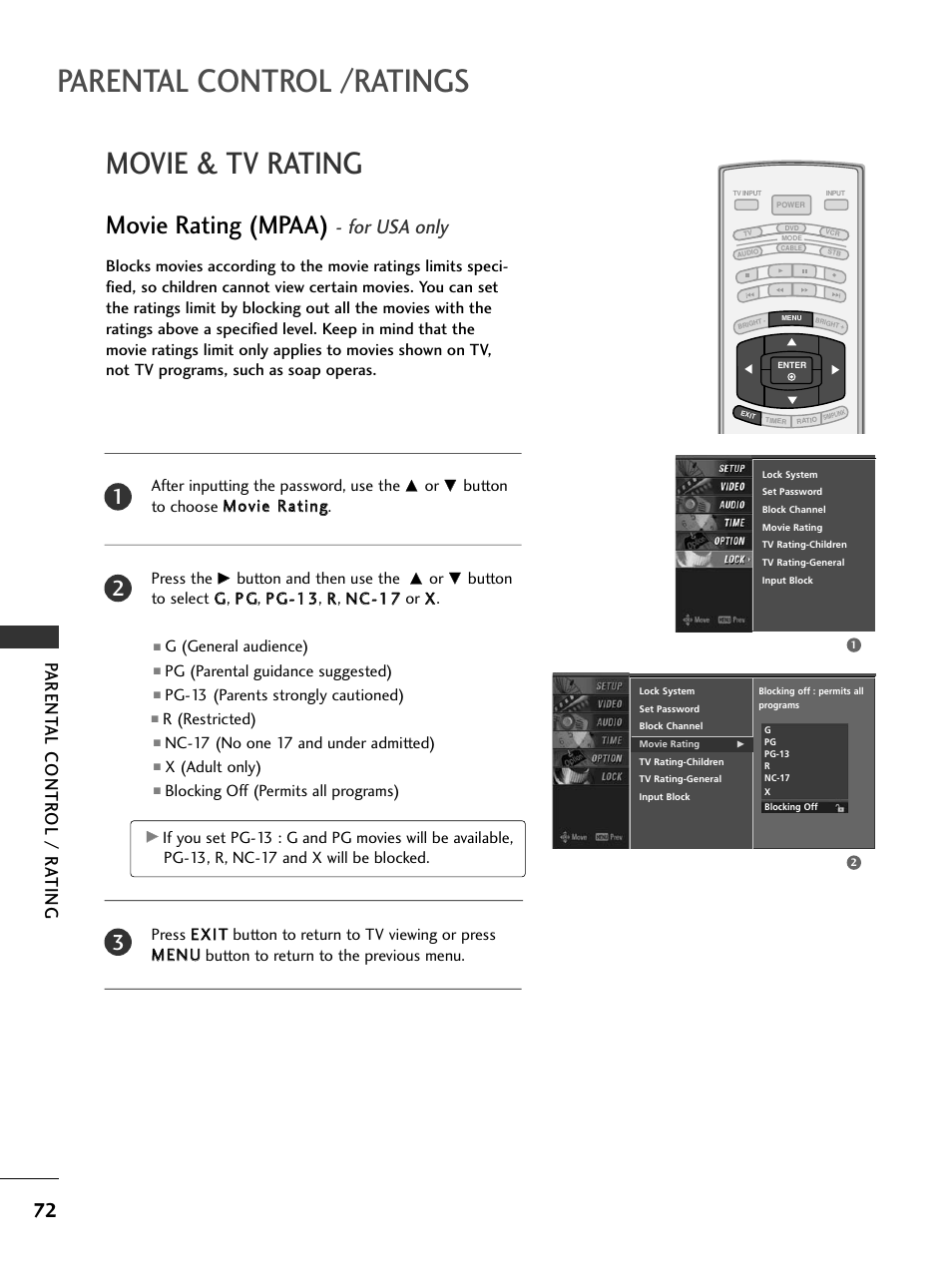 Movie & tv rating, Movie rating (mpaa) - for usa only, Parental control /ratings | Movie rating (mpaa), For usa only, Parent al contr ol / r a ting | LG 32LC7DC User Manual | Page 74 / 94