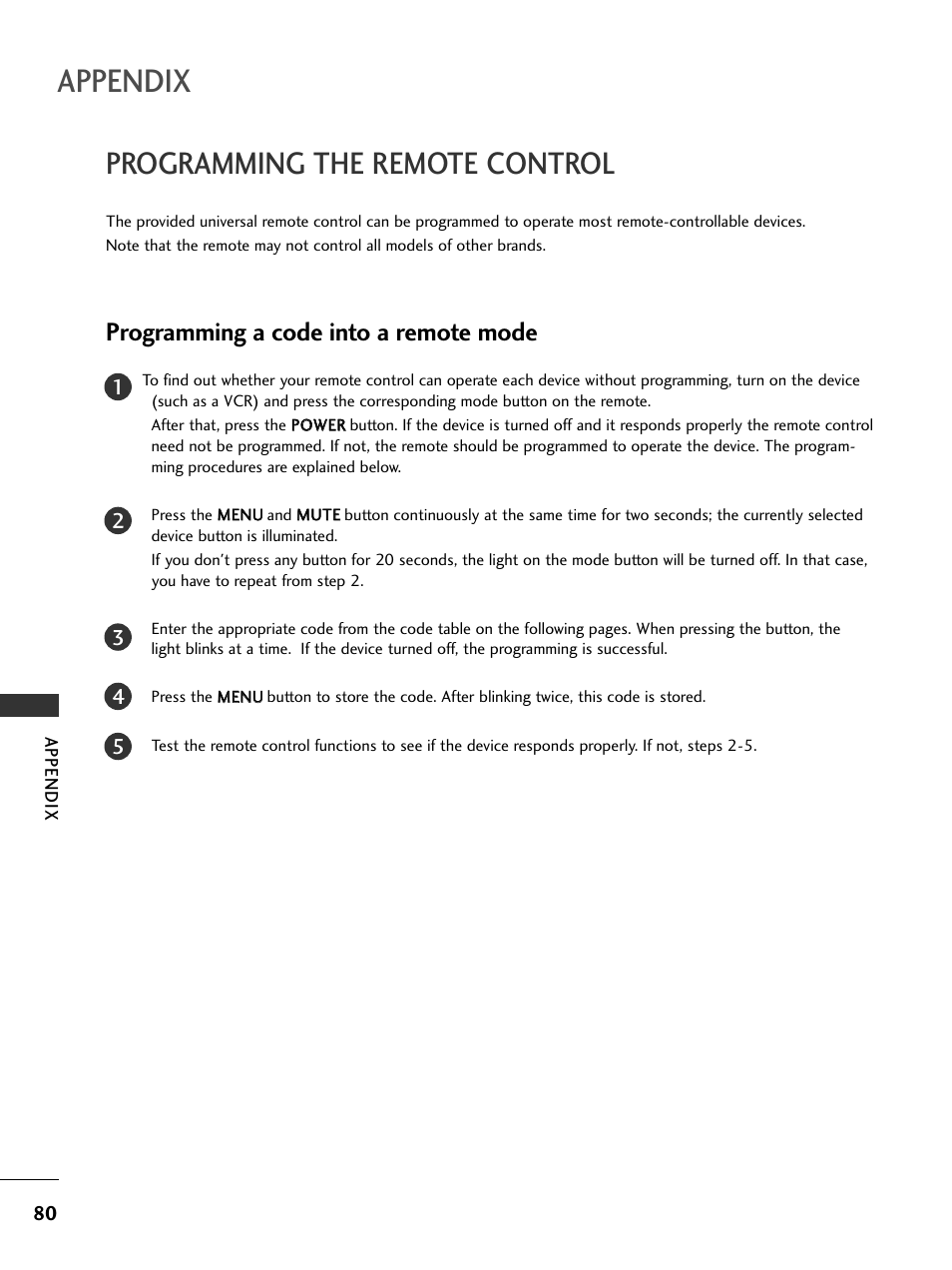 Programming the remote control, Programming a code into a remote mode, Appendix | LG 32LC7DC User Manual | Page 82 / 94