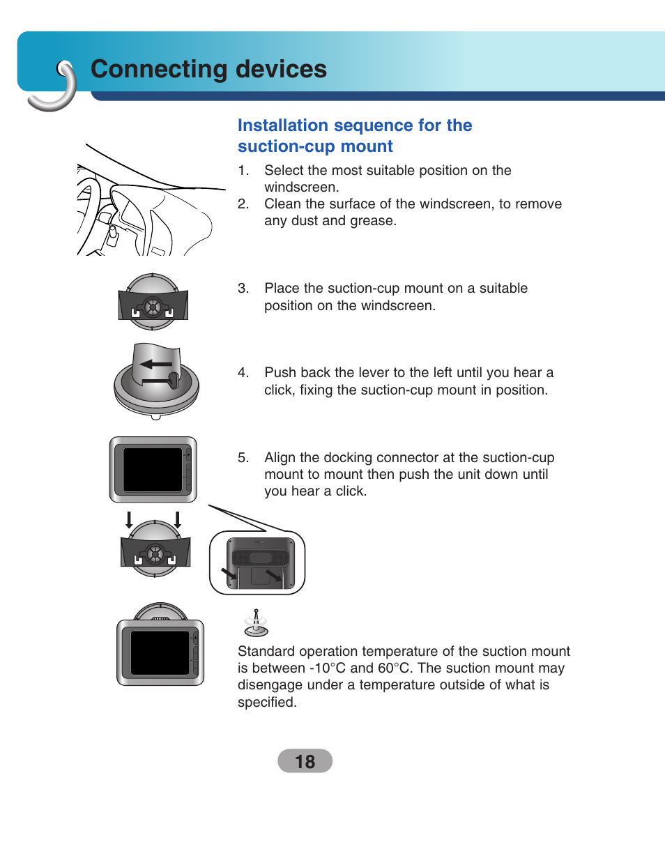 Connecting devices, Installation sequence for thesuction-cup mount | LG LN735 Series User Manual | Page 18 / 76