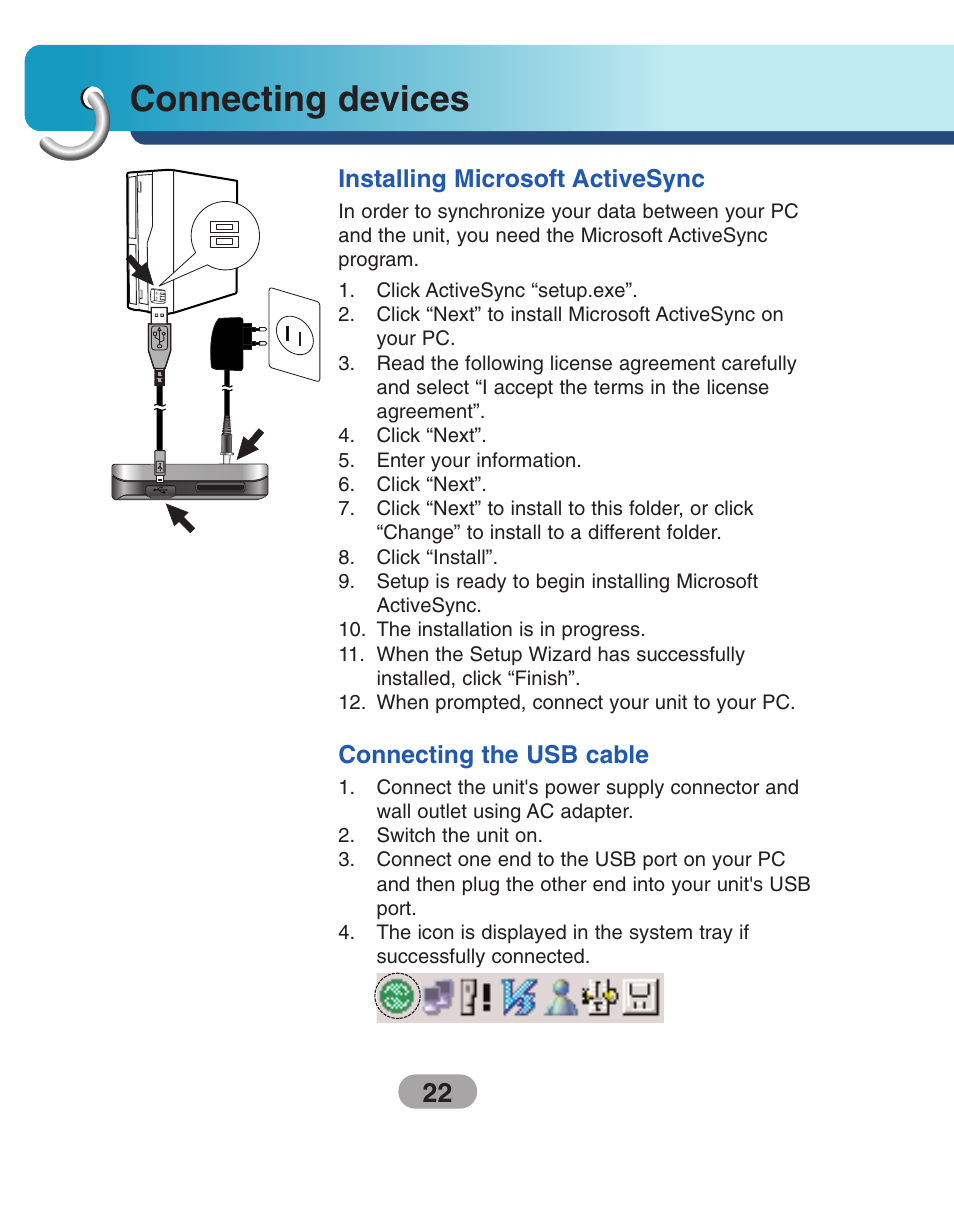 Installing microsoft activesync, Connecting the usb cable, Connecting devices | LG LN735 Series User Manual | Page 22 / 76