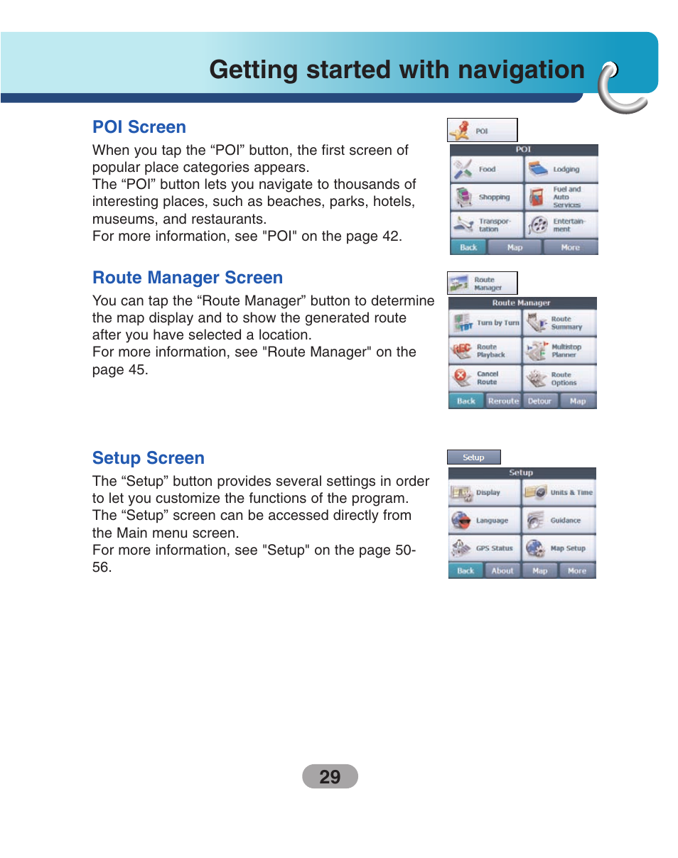 Poi screen, Route manager screen, Setup screen | Getting started with navigation | LG LN735 Series User Manual | Page 29 / 76