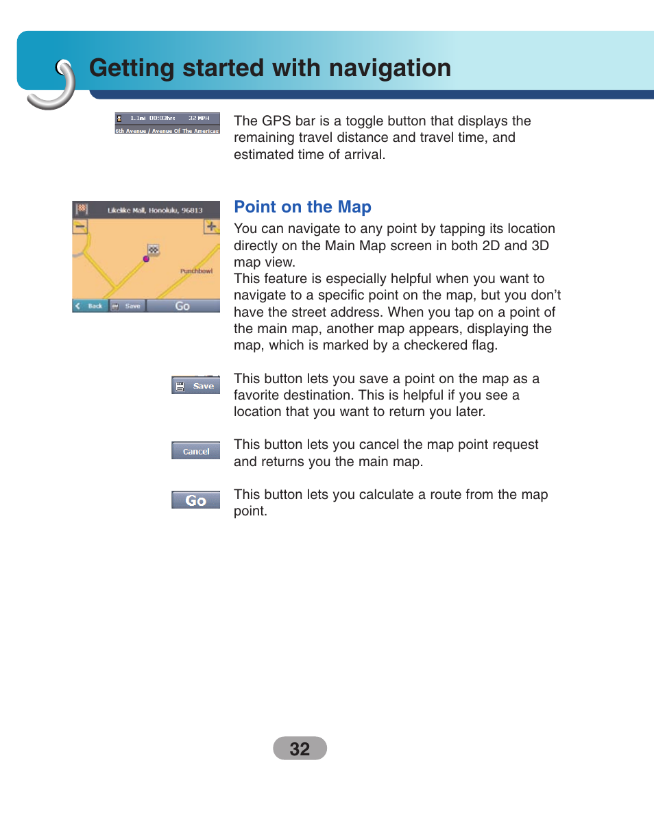 Point on the map, Getting started with navigation | LG LN735 Series User Manual | Page 32 / 76