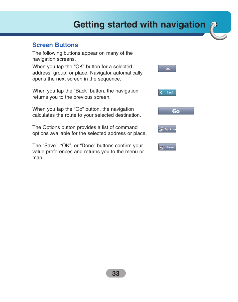 Screen buttons, Cycling through screens, Getting started with navigation | LG LN735 Series User Manual | Page 33 / 76