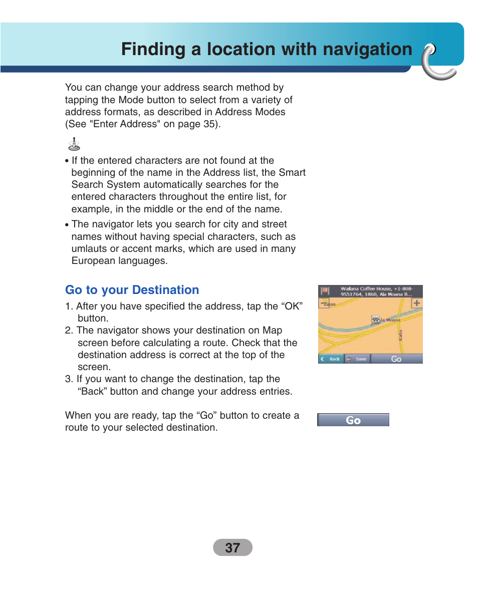 Go to your destination, Finding a location with navigation | LG LN735 Series User Manual | Page 37 / 76