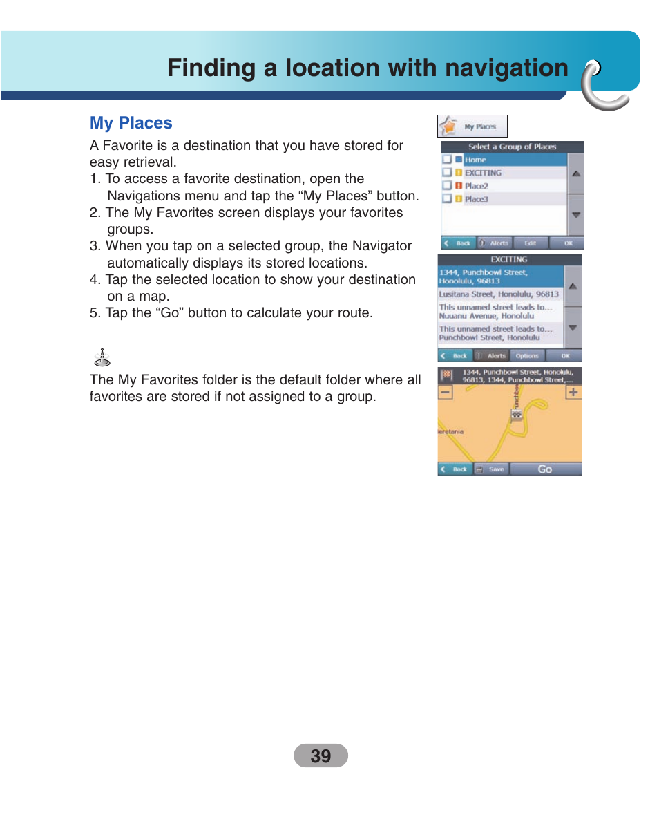 My places, Finding a location with navigation | LG LN735 Series User Manual | Page 39 / 76