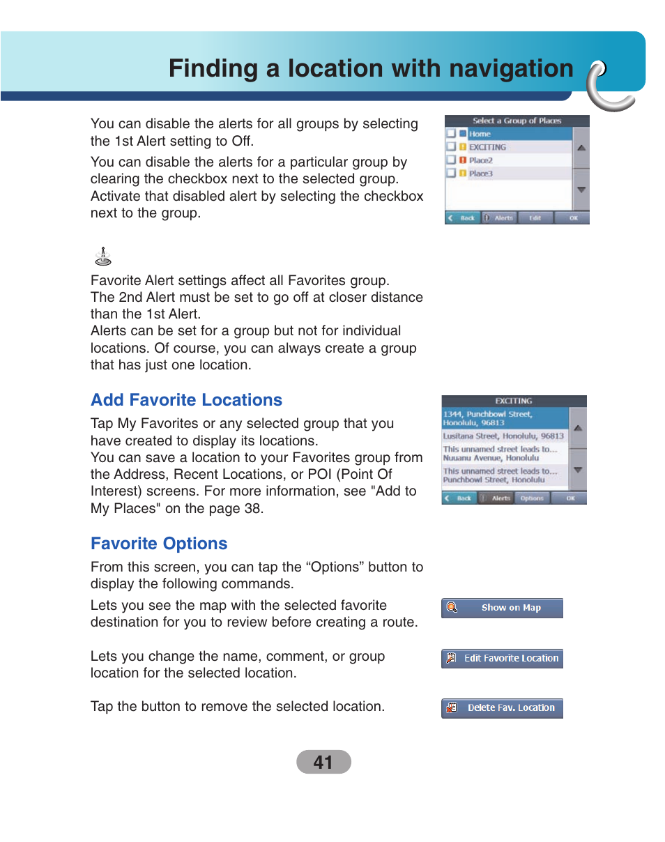 Add favorite locations, Favorite options, Finding a location with navigation | LG LN735 Series User Manual | Page 41 / 76