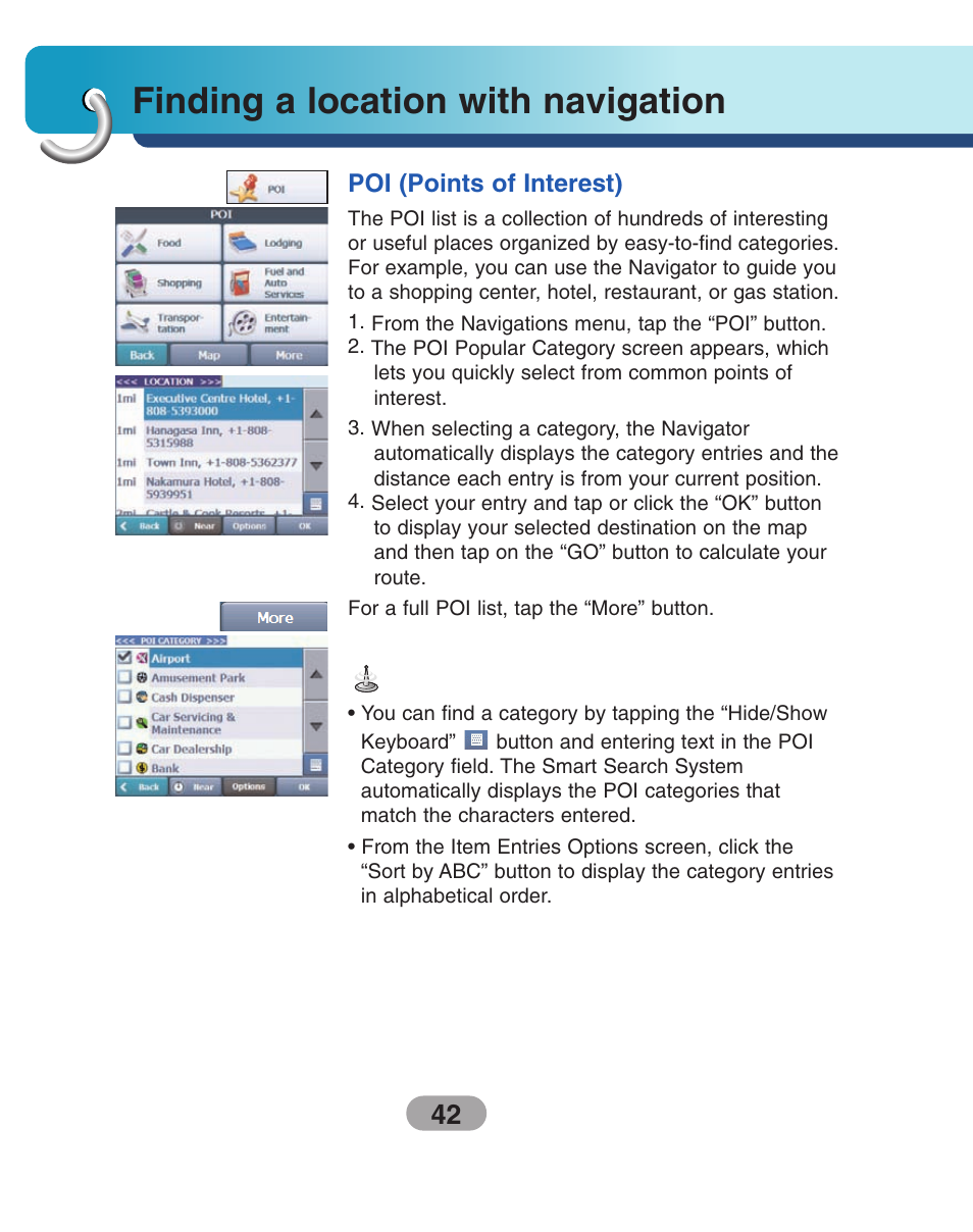 Poi (points of interest), Finding a location with navigation | LG LN735 Series User Manual | Page 42 / 76