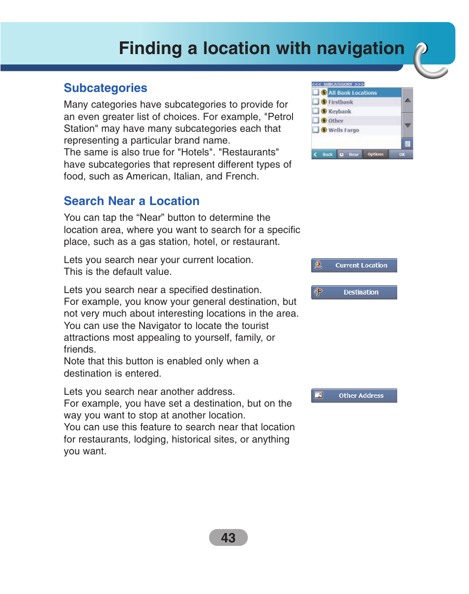 Subcategories, Search near a location, Finding a location with navigation | LG LN735 Series User Manual | Page 43 / 76