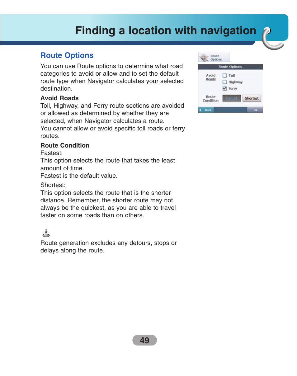 Route options, Finding a location with navigation | LG LN735 Series User Manual | Page 49 / 76