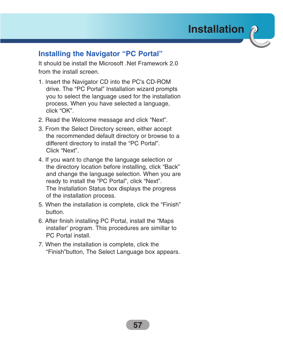 Installation, Installing the navigator “pc portal | LG LN735 Series User Manual | Page 57 / 76