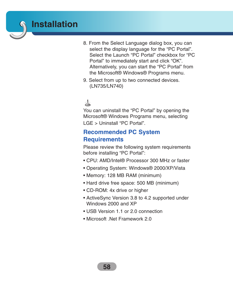 Recommended pc system requirements, Starting the “pc portal” wizard, Installation | LG LN735 Series User Manual | Page 58 / 76