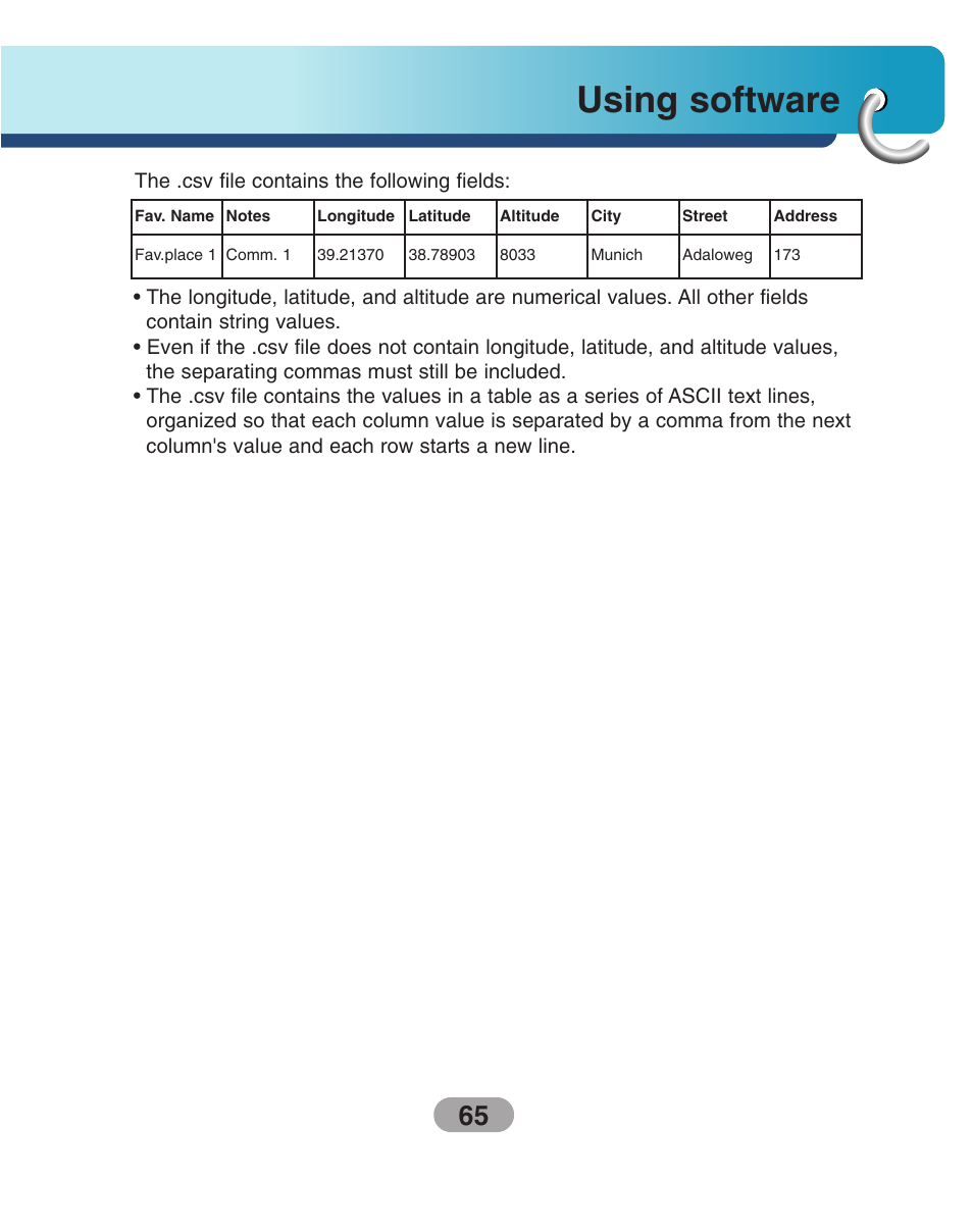 Exporting favorite locations, Using software | LG LN735 Series User Manual | Page 65 / 76