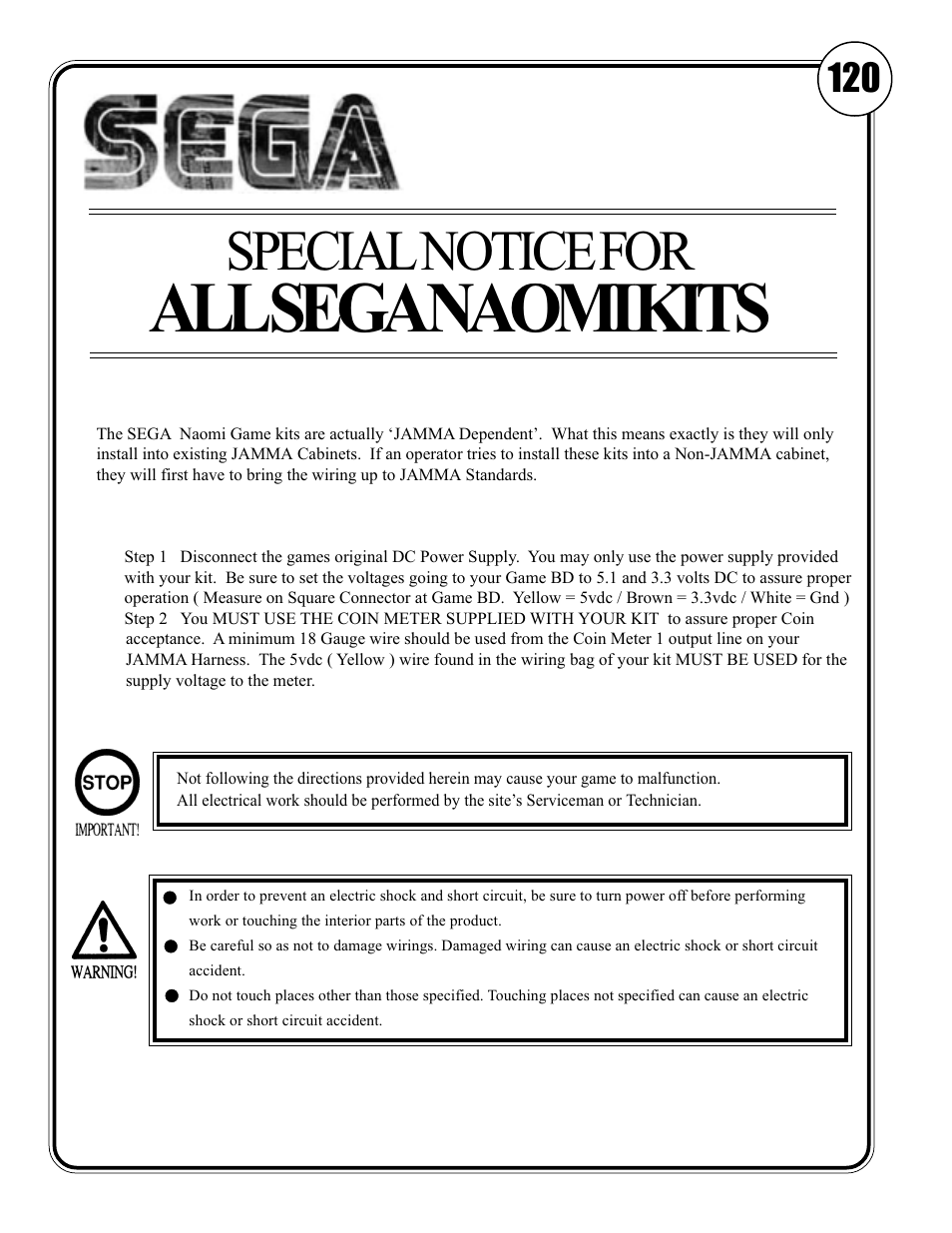 All sega naomi kits, Special notice for, Service bulletin | Sega World Series 2001 User Manual | Page 6 / 36