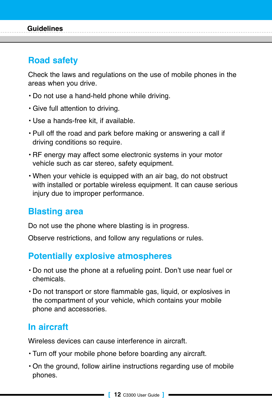 Road safety, Blasting area, Potentially explosive atmospheres | LG C3300 User Manual | Page 11 / 99
