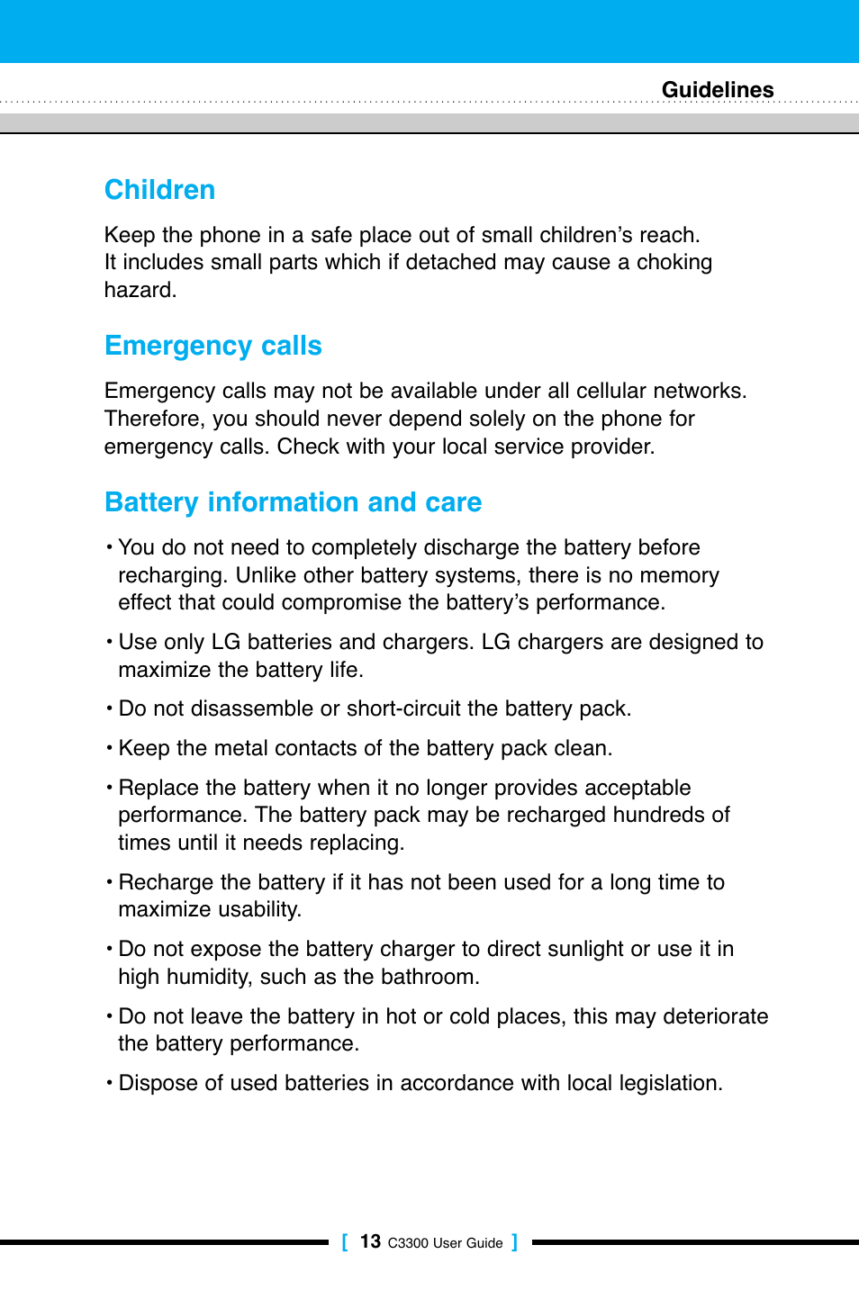 Children, Emergency calls, Battery information and care | LG C3300 User Manual | Page 12 / 99