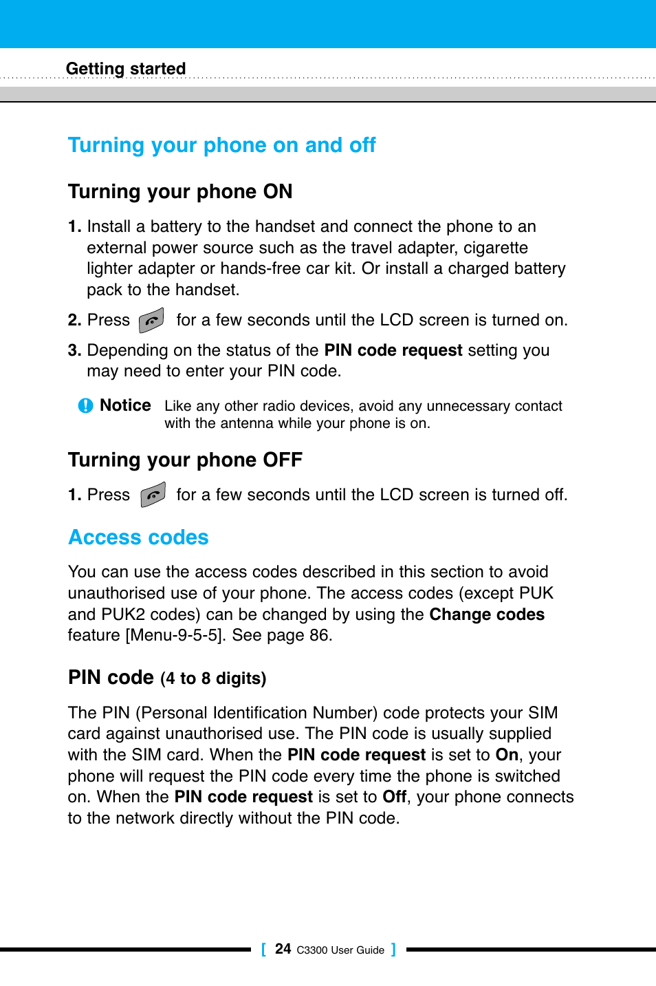 Turning your phone on and off, Access codes, Turning your phone on | Turning your phone off, Pin code | LG C3300 User Manual | Page 23 / 99