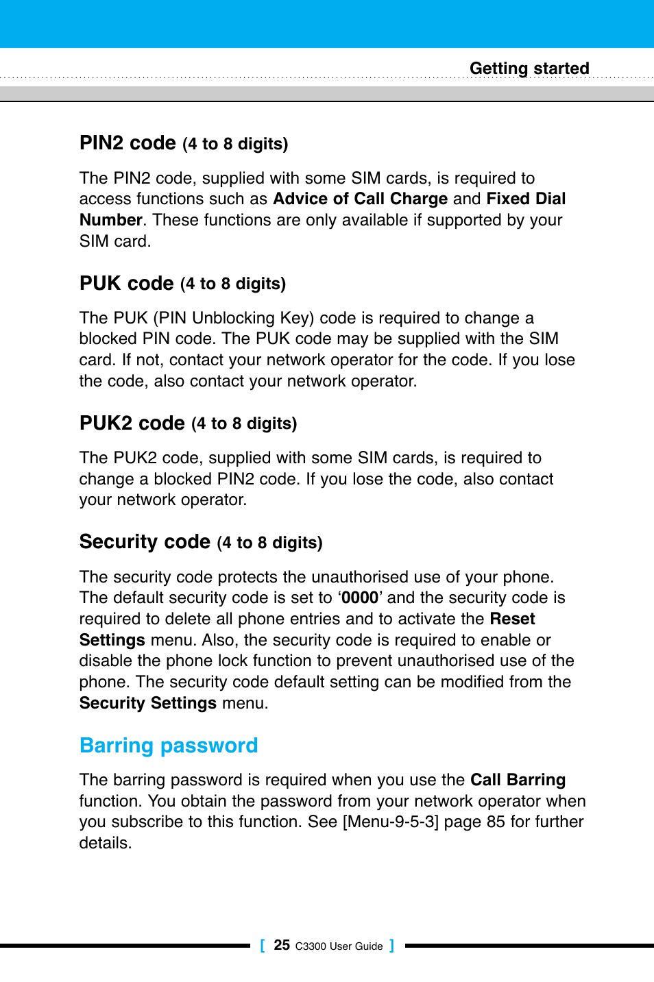 Barring password, Pin2 code, Puk code | Puk2 code, Security code | LG C3300 User Manual | Page 24 / 99