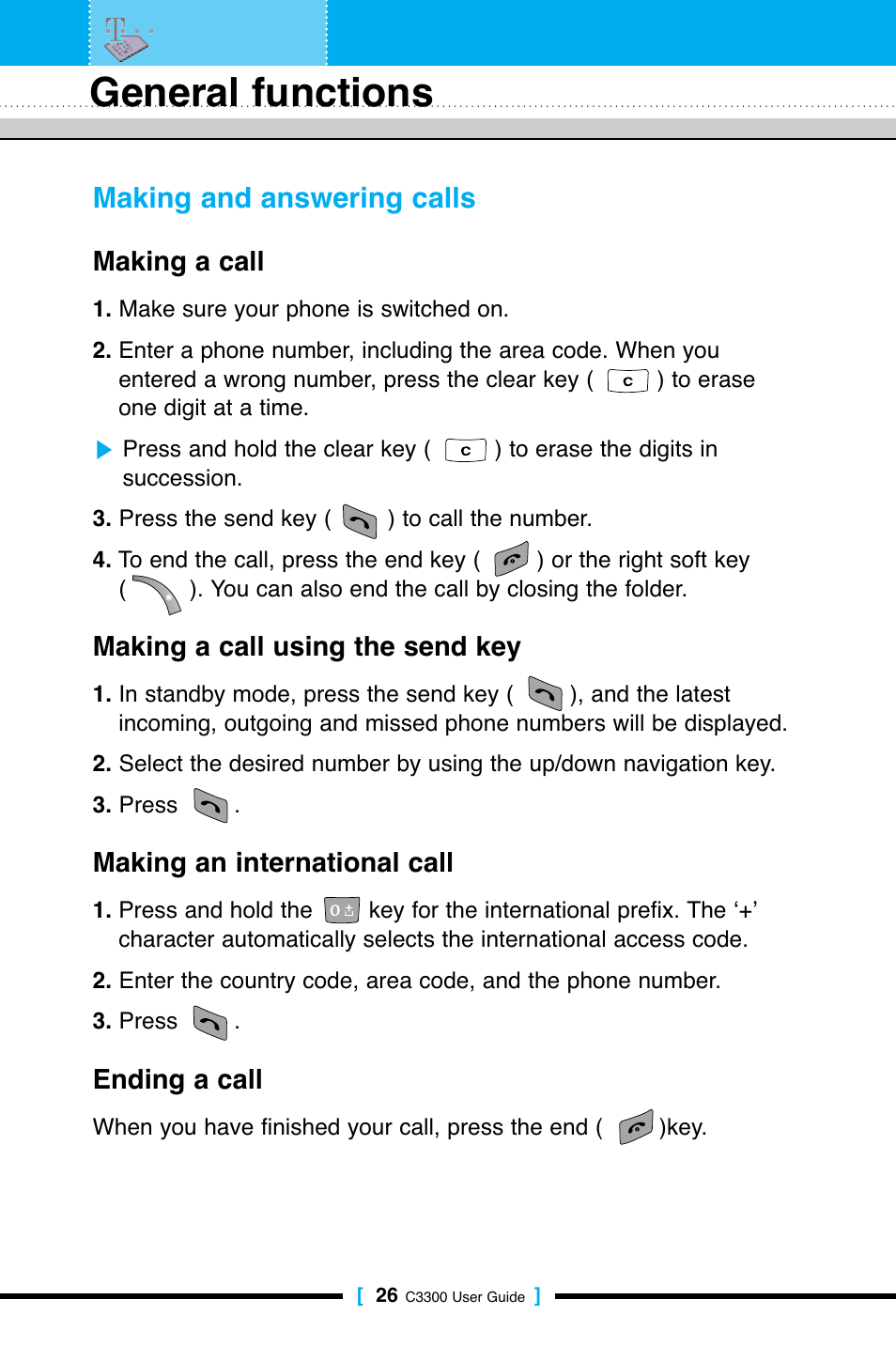 General functions, Making and answering calls | LG C3300 User Manual | Page 25 / 99