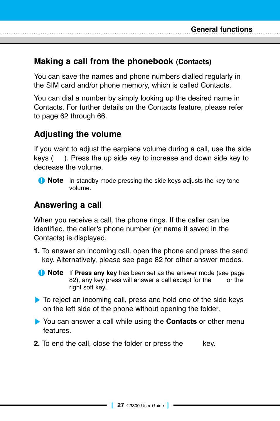 Making a call from the phonebook, Adjusting the volume, Answering a call | LG C3300 User Manual | Page 26 / 99