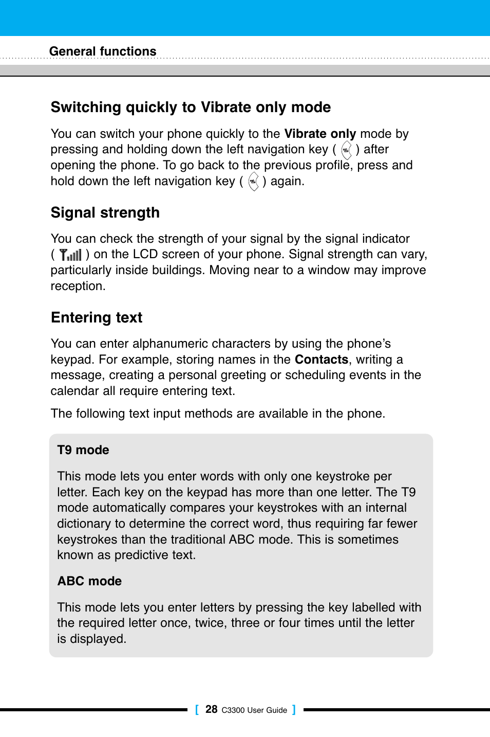 Switching quickly to vibrate only mode, Signal strength, Entering text | LG C3300 User Manual | Page 27 / 99