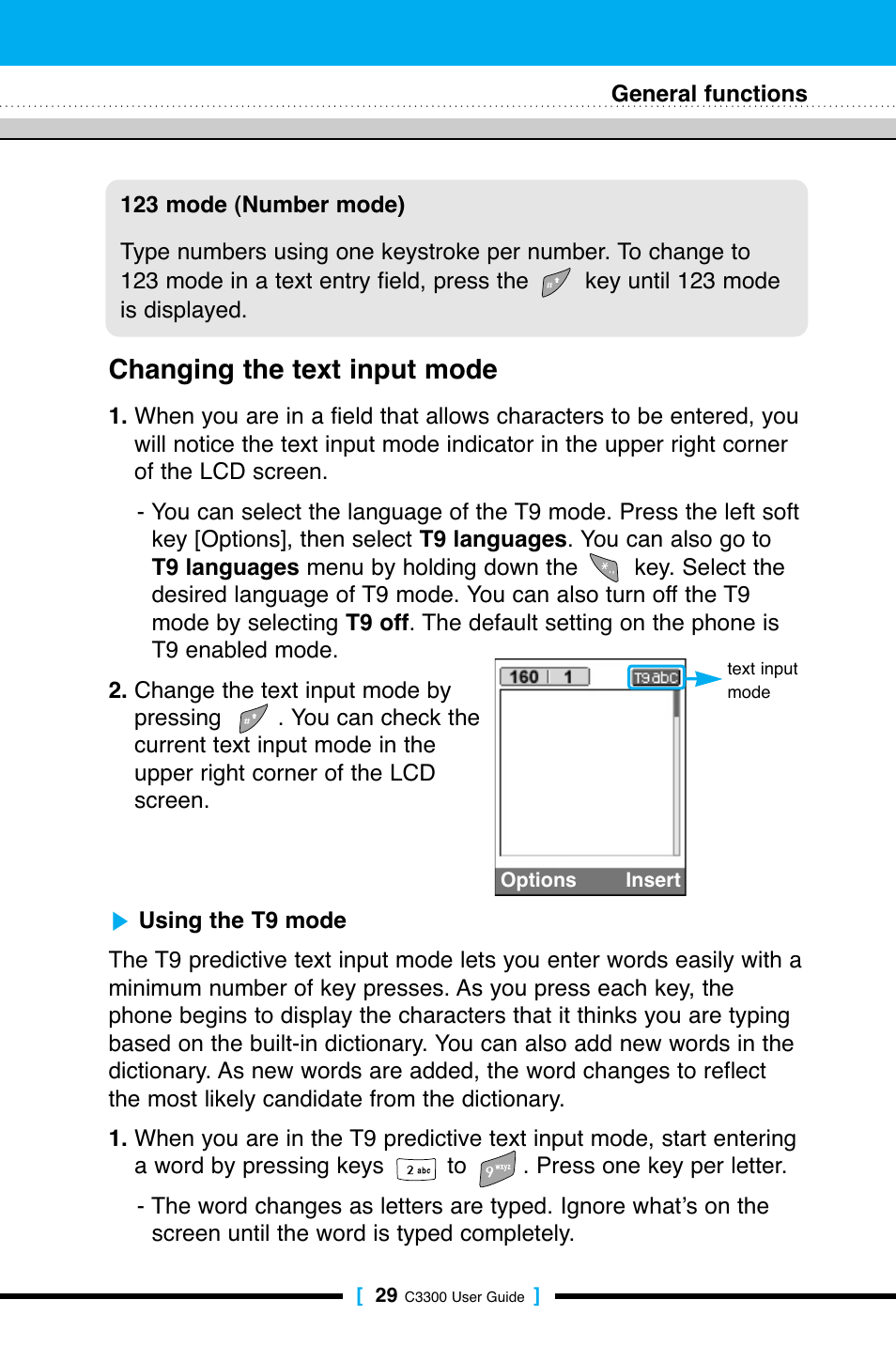 Changing the text input mode | LG C3300 User Manual | Page 28 / 99