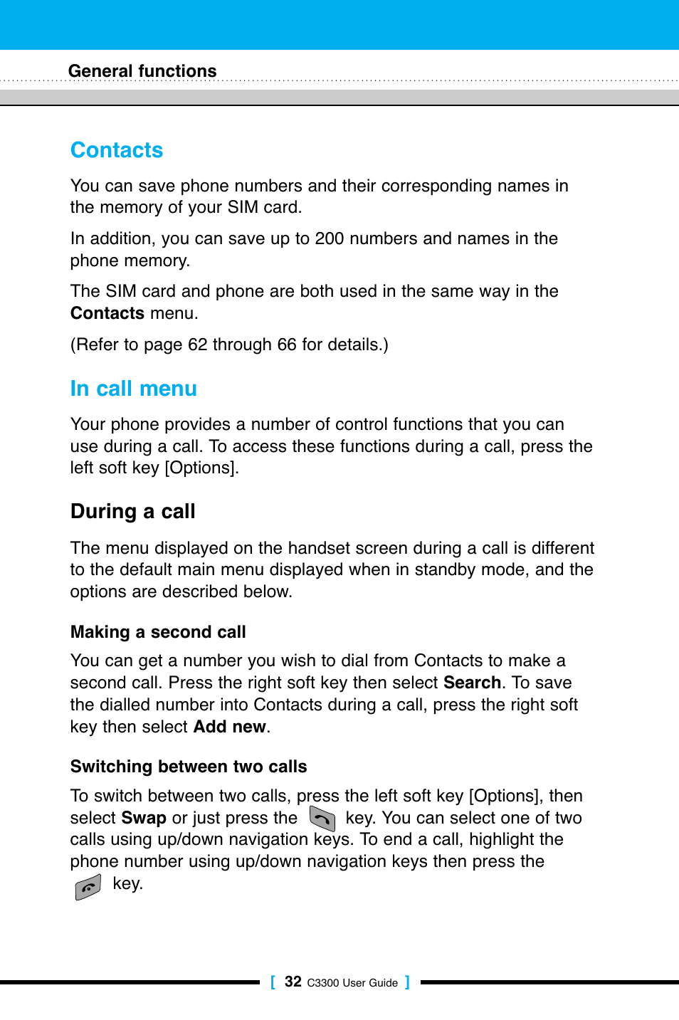 Contacts, During a call | LG C3300 User Manual | Page 31 / 99