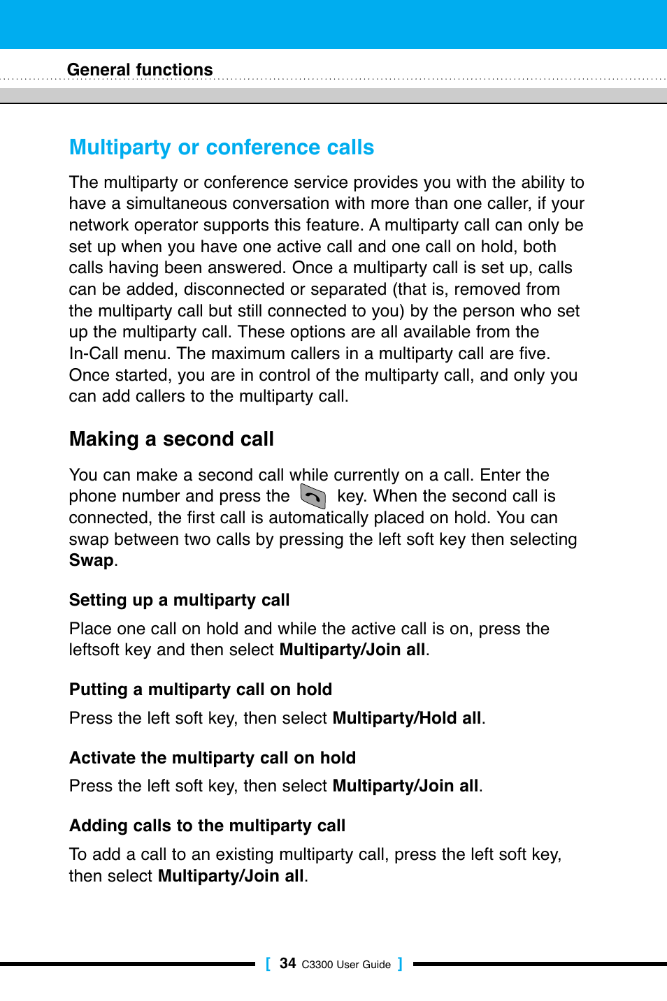 Multiparty or conference calls, Making a second call | LG C3300 User Manual | Page 33 / 99