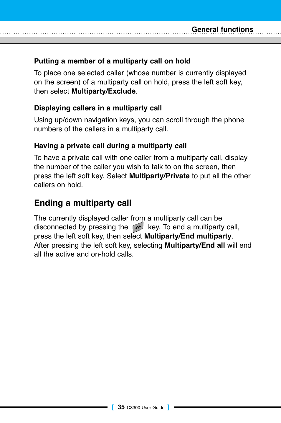 Ending a multiparty call | LG C3300 User Manual | Page 34 / 99