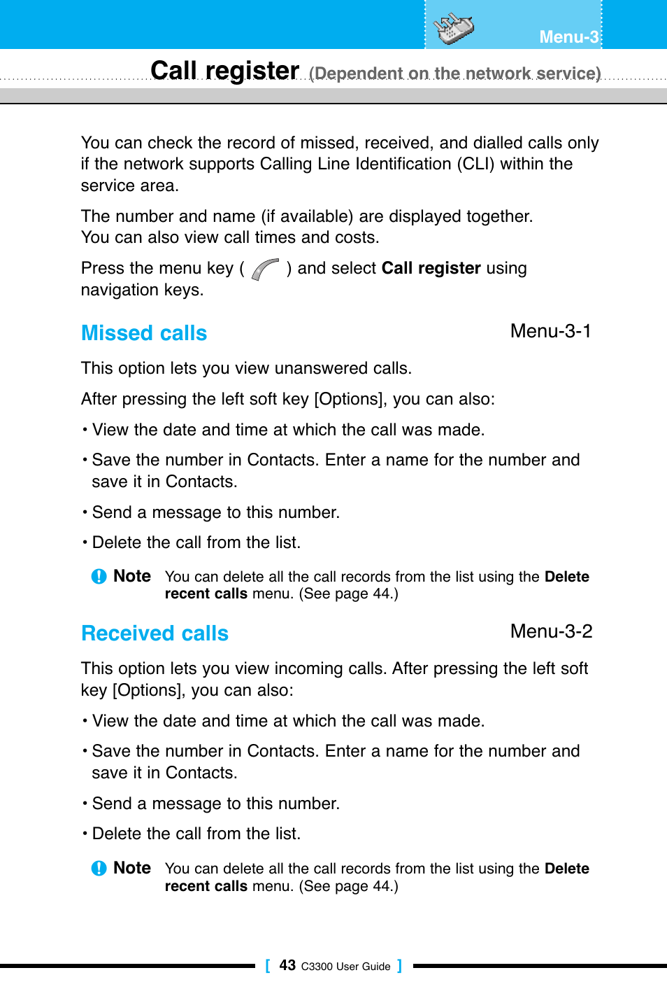 Call register, Missed calls, Received calls | LG C3300 User Manual | Page 42 / 99