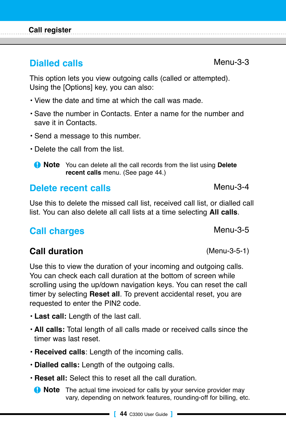 Dialled calls, Delete recent calls, Call charges | Call duration | LG C3300 User Manual | Page 43 / 99